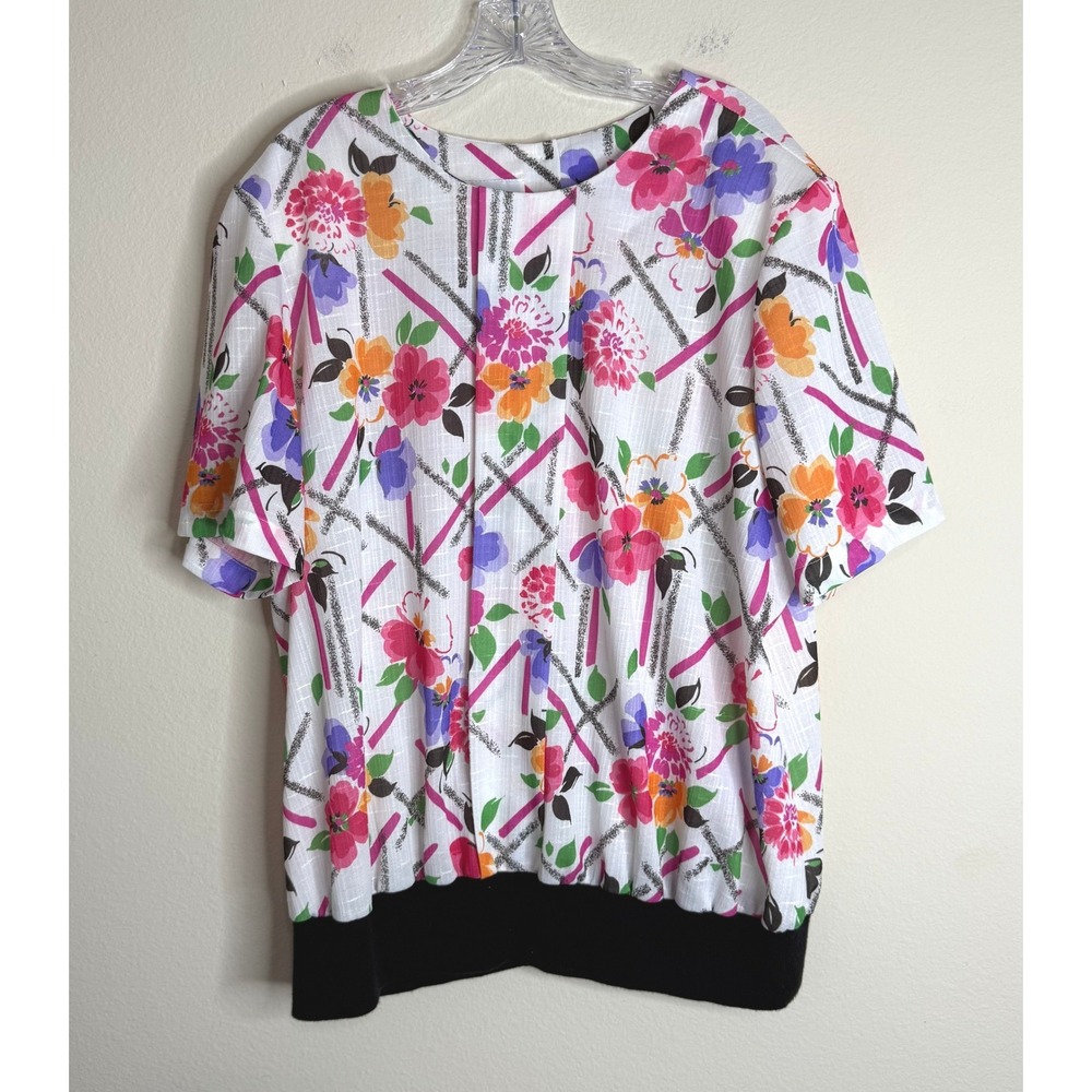 Top Notch Blouse Womens 22W Floral Geometric Shoulder Pad Banded Hem 7785